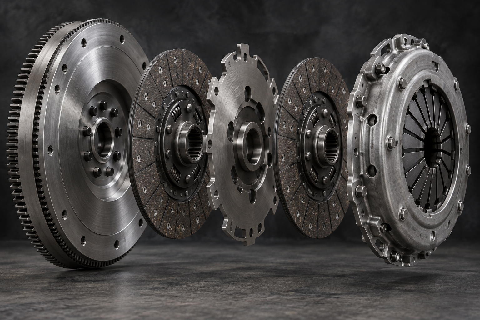 Illustration of a Cummins-style dual-disc manual clutch with flywheel, two friction discs, floater plate and pressure plate