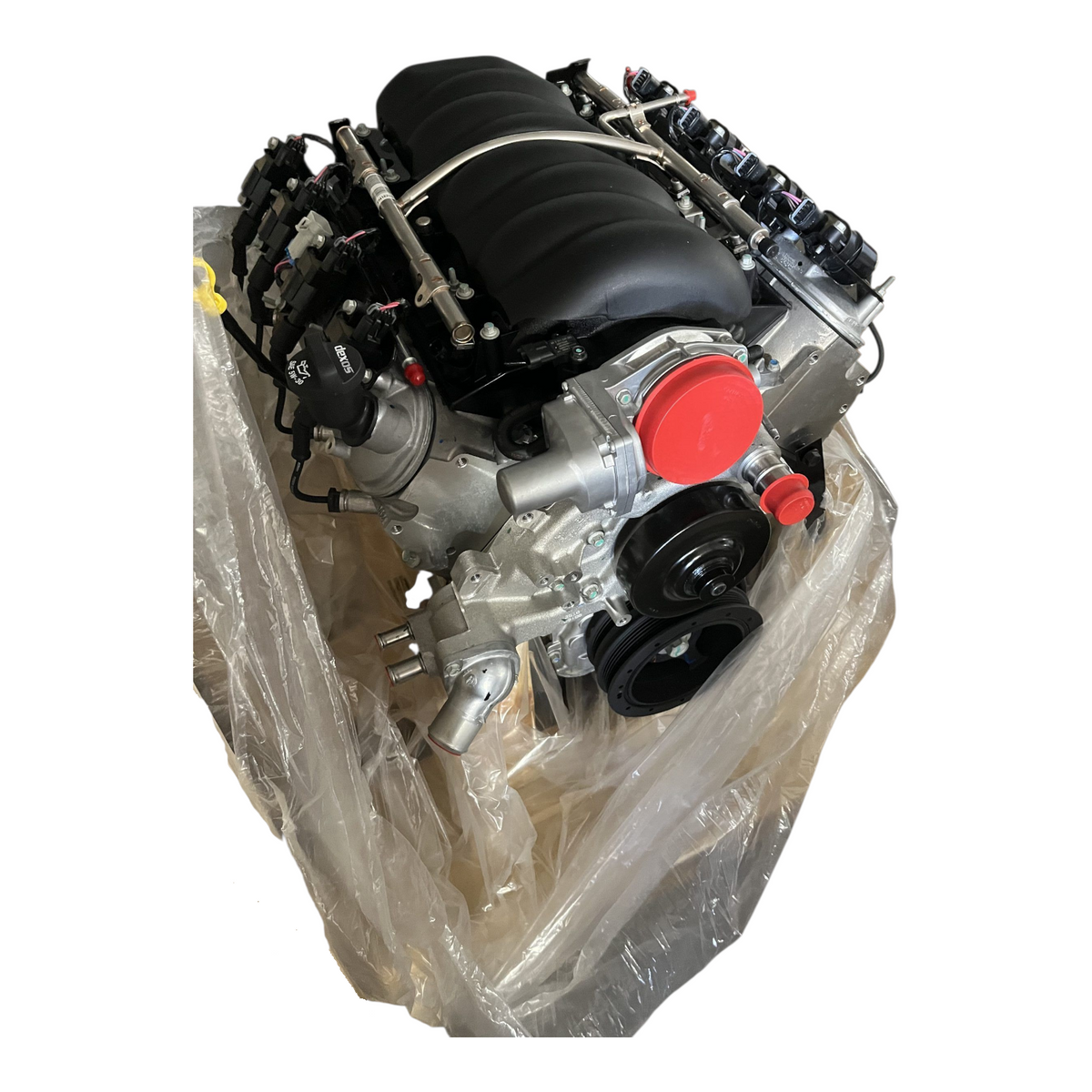 GM 6.2L crate engine in protective shipping packaging